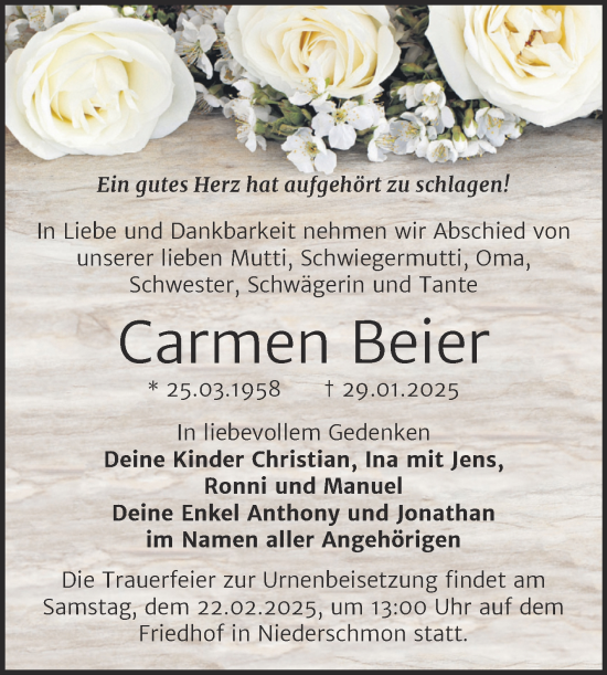 Traueranzeige von Carmen Beier von Trauerkombi Merseburg