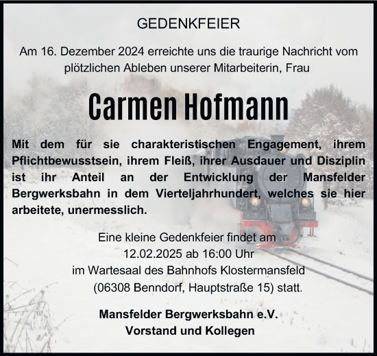 Traueranzeige von Carmen Hofmann von Super Sonntag Mansfelder Land