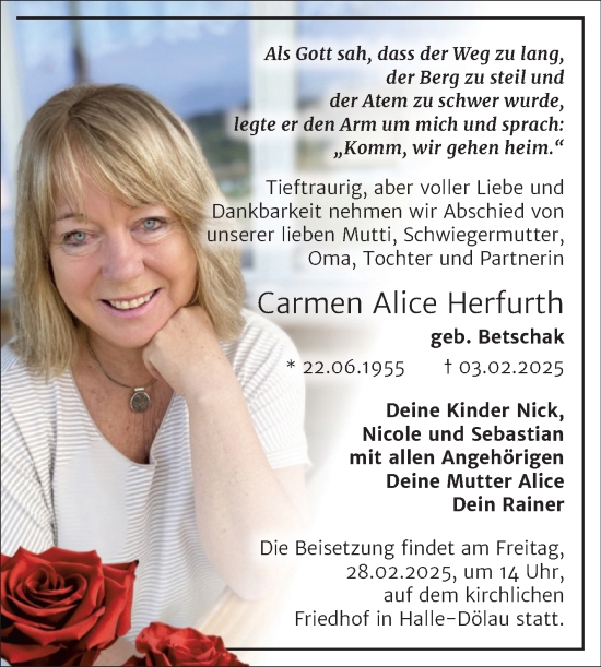 Traueranzeige von Carmen Alice Herfurth von Trauerkombi Merseburg