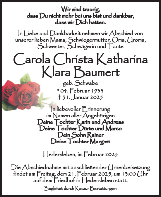 Traueranzeige von Carola Christa Katharina Klara Baumert von Trauerkombi Quedlinburg