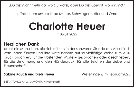 Traueranzeige von Charlotte Heuer von Volksstimme Haldensleben/Wolmirstedt