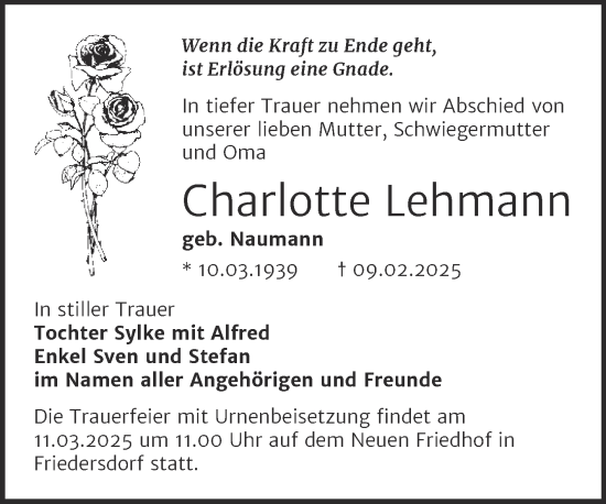 Traueranzeige von Charlotte Lehmann von Trauerkombi Bitterfeld