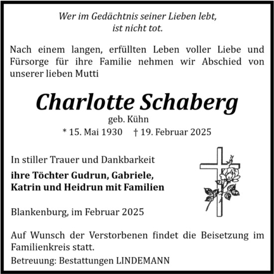 Traueranzeige von Charlotte Schaberg von Volksstimme Wernigerode