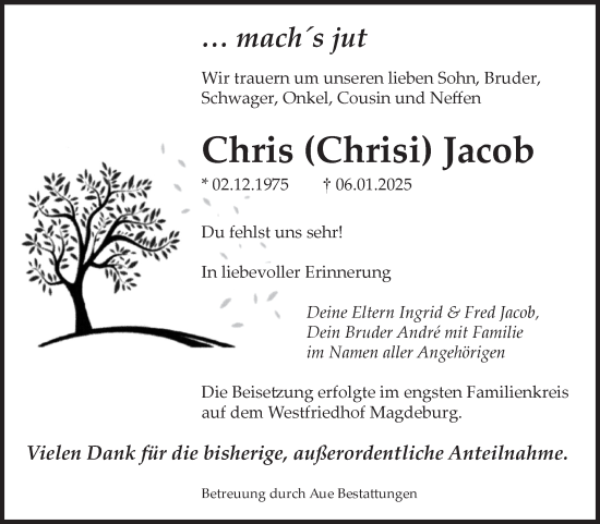 Traueranzeige von Chris Jacob von Volksstimme Magdeburg
