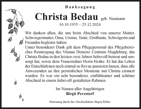 Traueranzeige von Christa Bedau von Volksstimme Magdeburg