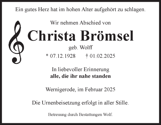 Traueranzeige von Christa Brömsel von Volksstimme Wernigerode