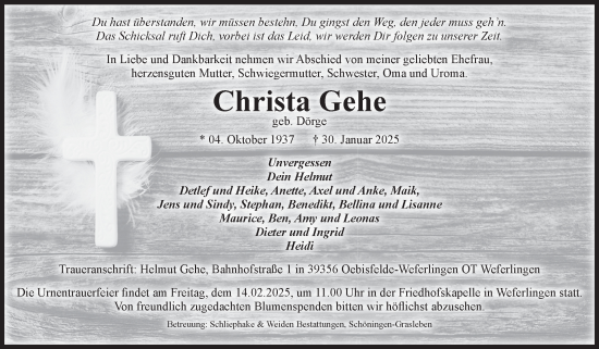 Traueranzeige von Christa Gehe von Volksstimme Haldensleben/Wolmirstedt
