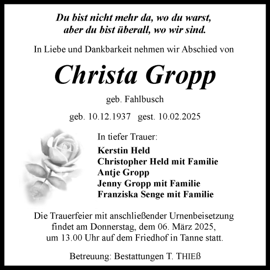 Traueranzeige von Christa Gropp von Volksstimme Wernigerode