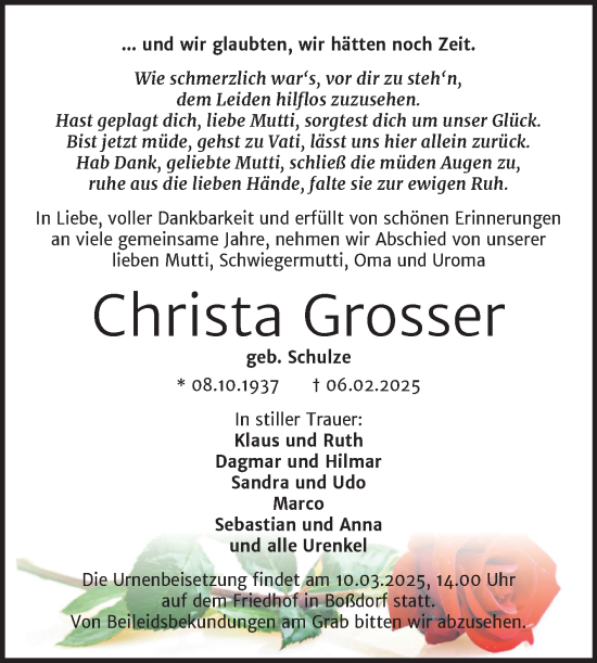 Traueranzeige von Christa Grosser von Trauerkombi Wittenberg