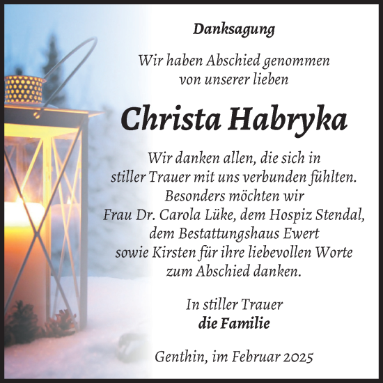 Traueranzeige von Christa Habryka von Volksstimme Burg/Genthin