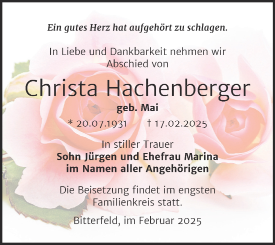 Traueranzeige von Christa Hachenberger von Trauerkombi Bitterfeld