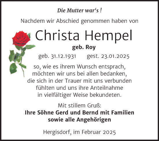 Traueranzeige von Christa Hempel von Trauerkombi Mansfelder Land