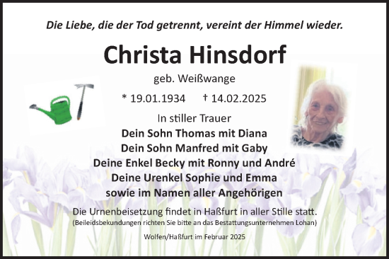 Traueranzeige von Christa Hinsdorf von Trauerkombi Bitterfeld