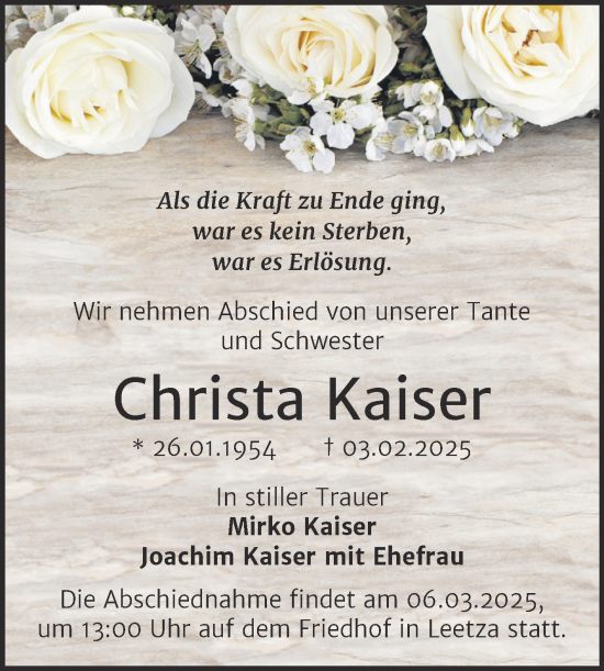 Traueranzeige von Christa Kaiser von Trauerkombi Wittenberg