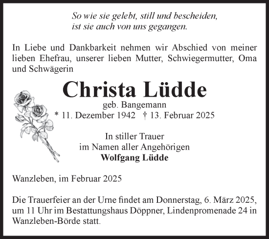 Traueranzeige von Christa Lüdde von Volksstimme Oschersleben/Wanzleben