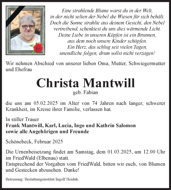Traueranzeige von Christa Mantwill von Volksstimme Schönebeck