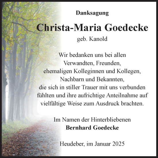 Traueranzeige von Christa-Maria Goedecke von Volksstimme Wernigerode
