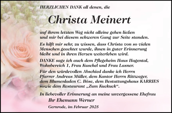 Traueranzeige von Christa Meinert von Trauerkombi Quedlinburg