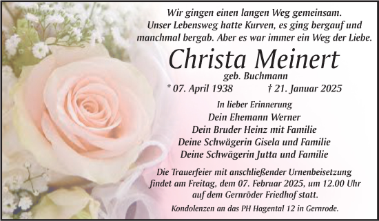 Traueranzeige von Christa Meinert von Trauerkombi Quedlinburg