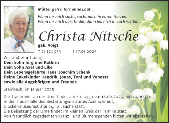 Traueranzeige von Christa Nitsche von Super Sonntag Naumburg/Nebra