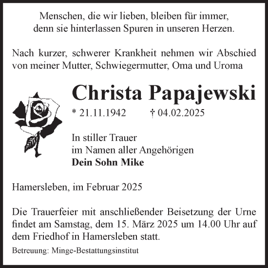 Traueranzeige von Christa Papajewski von Volksstimme Oschersleben/Wanzleben