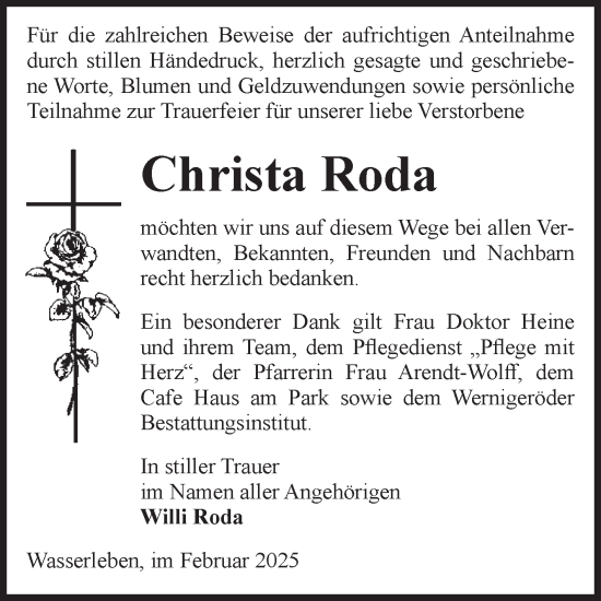 Traueranzeige von Christa Roda von Volksstimme Wernigerode