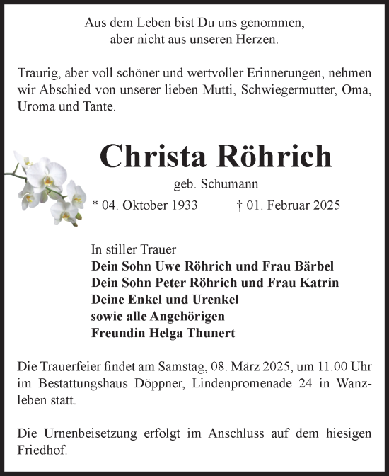 Traueranzeige von Christa Röhrich von Volksstimme Oschersleben/Wanzleben