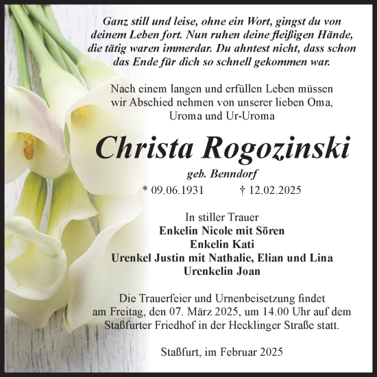 Traueranzeige von Christa Rogozinski von Volksstimme Staßfurt