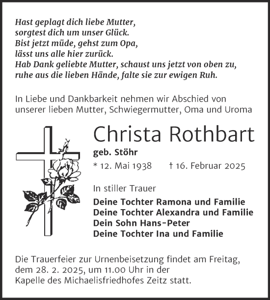 Traueranzeige von Christa Rothbart von Trauerkombi Zeitz