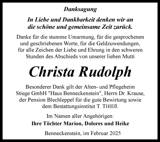 Traueranzeige von Christa Rudolph von Volksstimme Wernigerode
