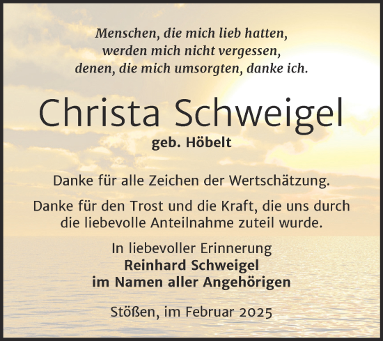 Traueranzeige von Christa Schweigel von Super Sonntag Naumburg/Nebra