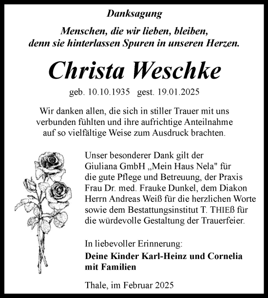 Traueranzeige von Christa Weschke von Trauerkombi Quedlinburg