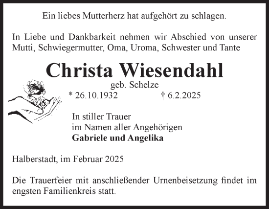 Traueranzeige von Christa Wiesendahl von Volksstimme Halberstadt