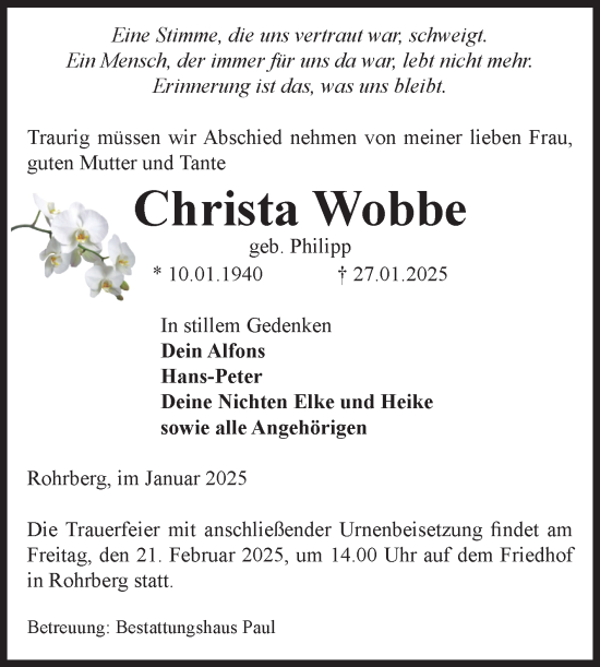 Traueranzeige von Christa Wobbe von Volksstimme Altmark West