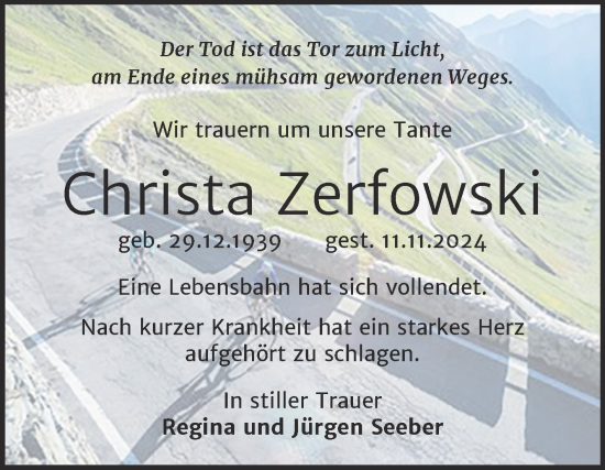 Traueranzeige von Christa Zerfowski von Super Sonntag Naumburg/Nebra