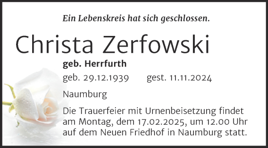 Traueranzeige von Christa Zerfowski von Super Sonntag Naumburg/Nebra