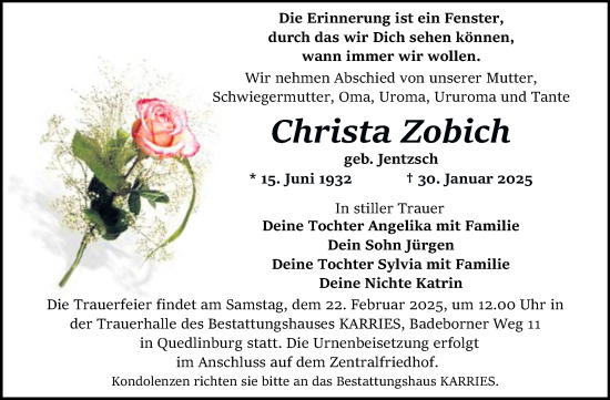 Traueranzeige von Christa Zobich von Trauerkombi Quedlinburg