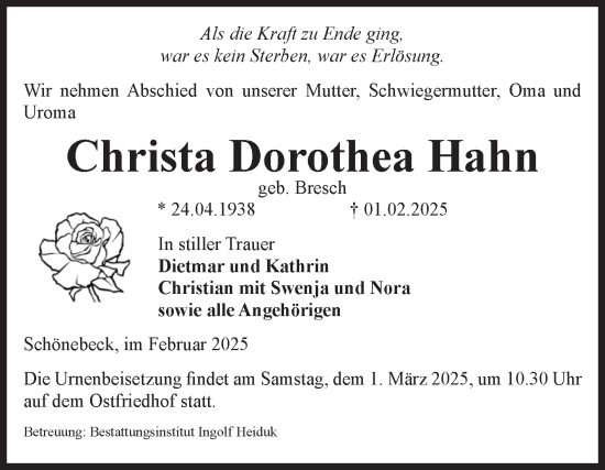 Traueranzeige von Christa Dorothea Hahn von Volksstimme Schönebeck