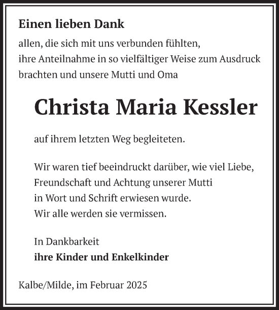 Traueranzeige von Christa Maria Kessler von Volksstimme Altmark West