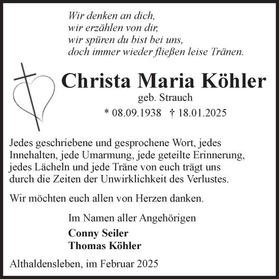 Traueranzeige von Christa Maria Köhler von Volksstimme Haldensleben/Wolmirstedt