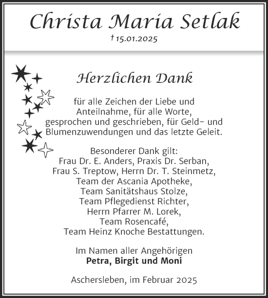 Traueranzeige von Christa Maria Setlak von Trauerkombi Aschersleben