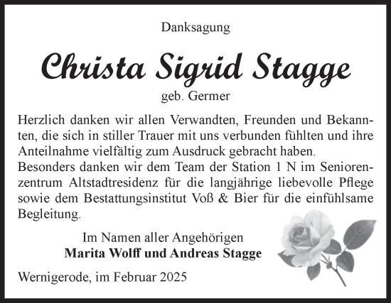 Traueranzeige von Christa Sigrid Stagge von Volksstimme Wernigerode