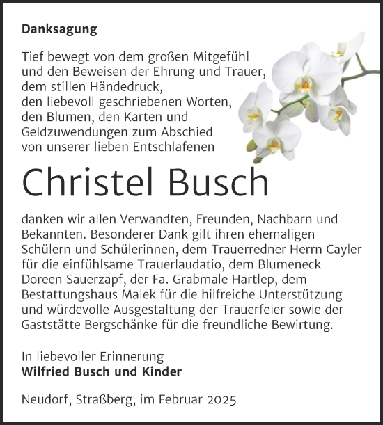 Traueranzeige von Christel Busch von Trauerkombi Quedlinburg