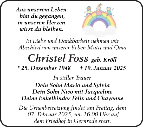 Traueranzeige von Christel Foss von Trauerkombi Quedlinburg
