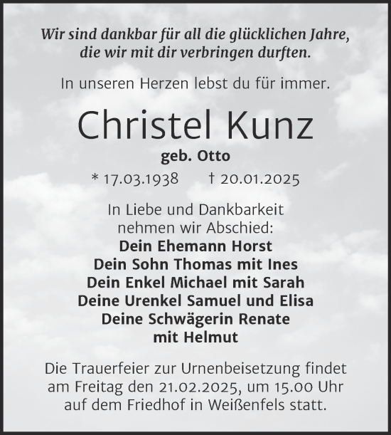 Traueranzeige von Christel Kunz von Trauerkombi Weißenfels