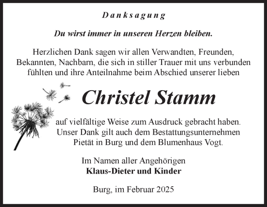 Traueranzeige von Christel Stamm 