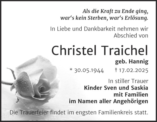 Traueranzeige von Christel Traichel von Trauerkombi Bernburg