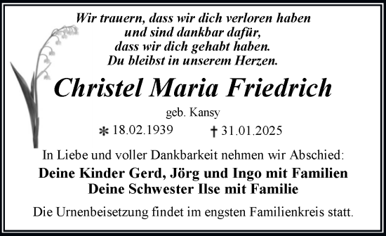 Traueranzeige von Christel Maria Friedrich von Trauerkombi Dessau