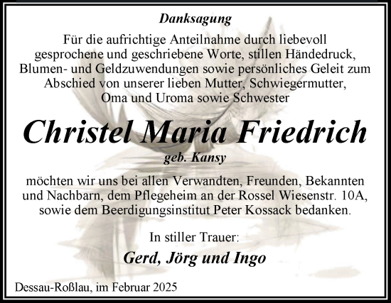 Traueranzeige von Christel Maria Friedrich von Trauerkombi Dessau