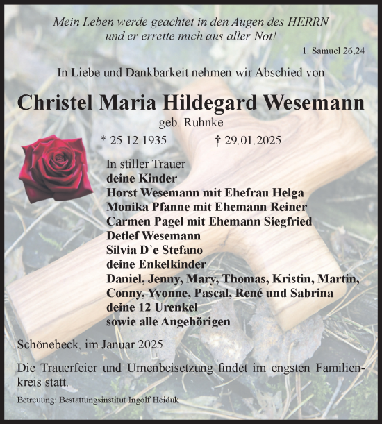 Traueranzeige von Christel Maria Hildegard Wesemann von Volksstimme Schönebeck
